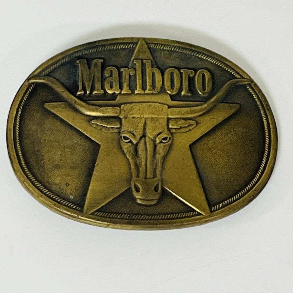 Vintage 1987 Marlboro Solid Brass Belt Buckle Longhorn Steer Star Philip Morris